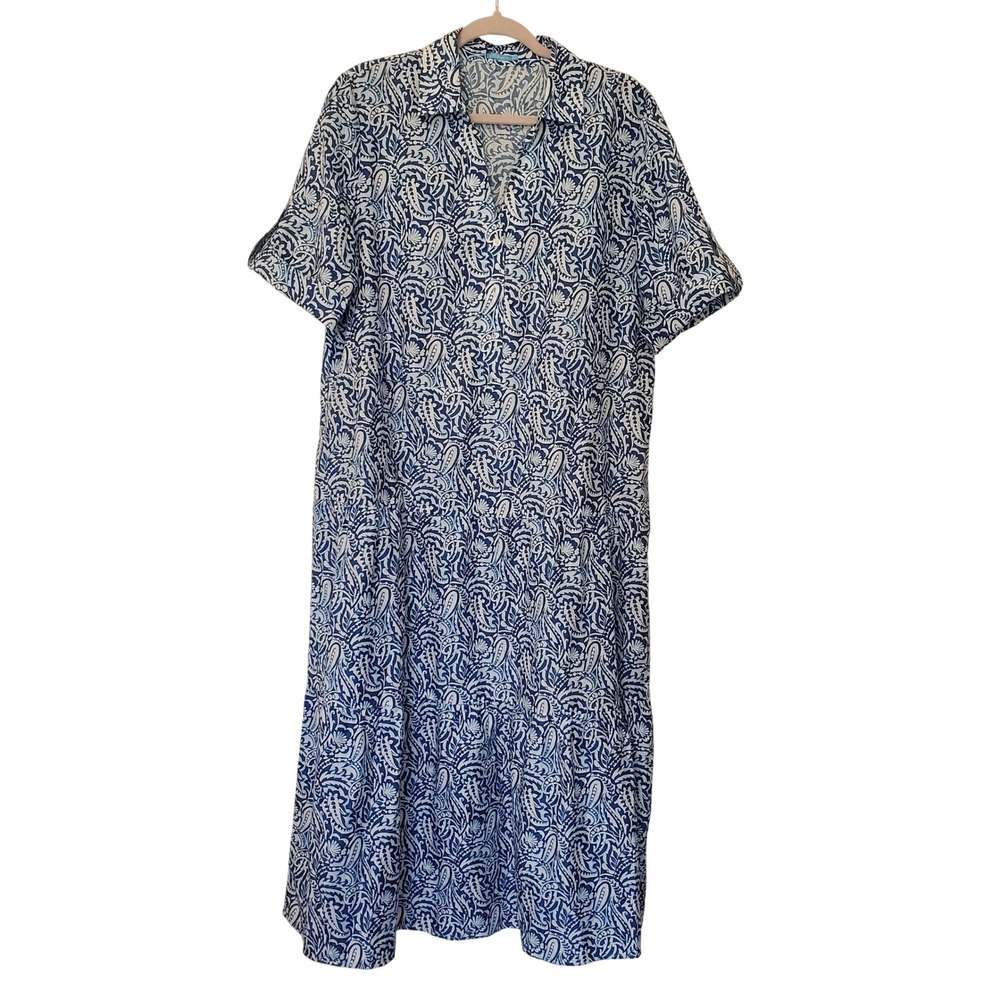 J.McLaughlin XL Blue Paisley Silk Cotton Blend Button Front Midi Dress Short Slv